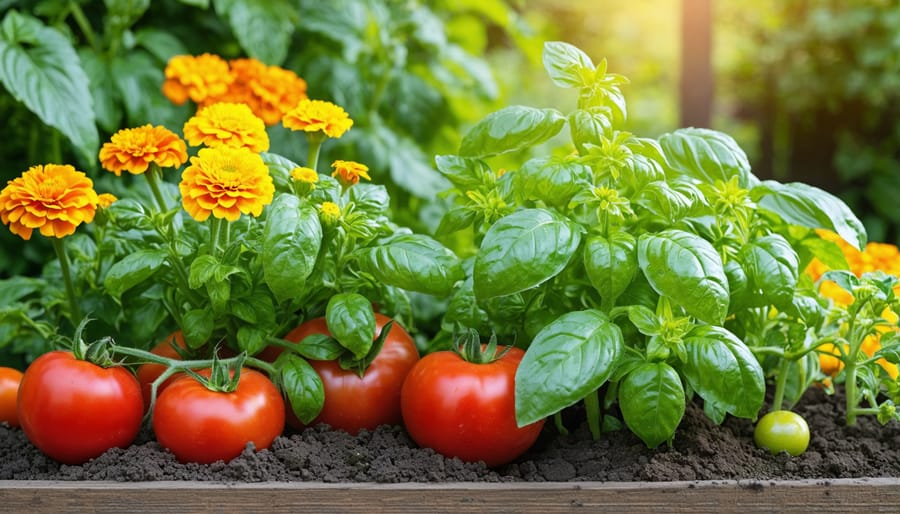 Healthy garden demonstrating companion planting principles with tomatoes, herbs, and flowers