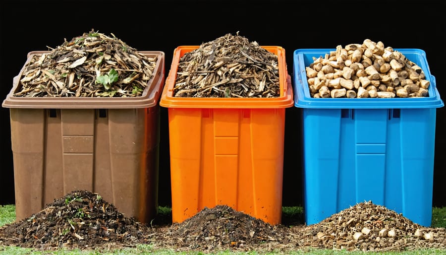 Three compartment composting system demonstrating different stages of decomposition