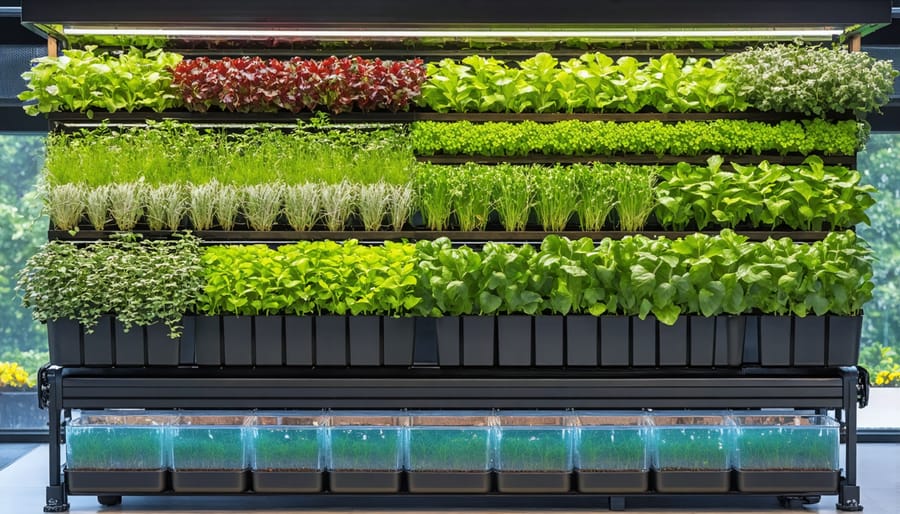 Various types of vertical gardens and self-watering planters on a rooftop setting