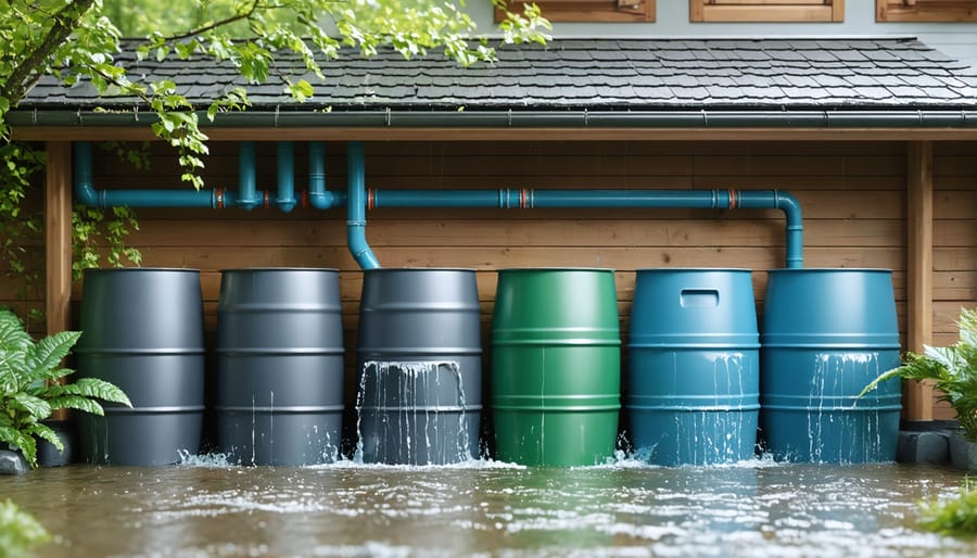 Home rainwater harvesting setup showing rain barrels and gutter system