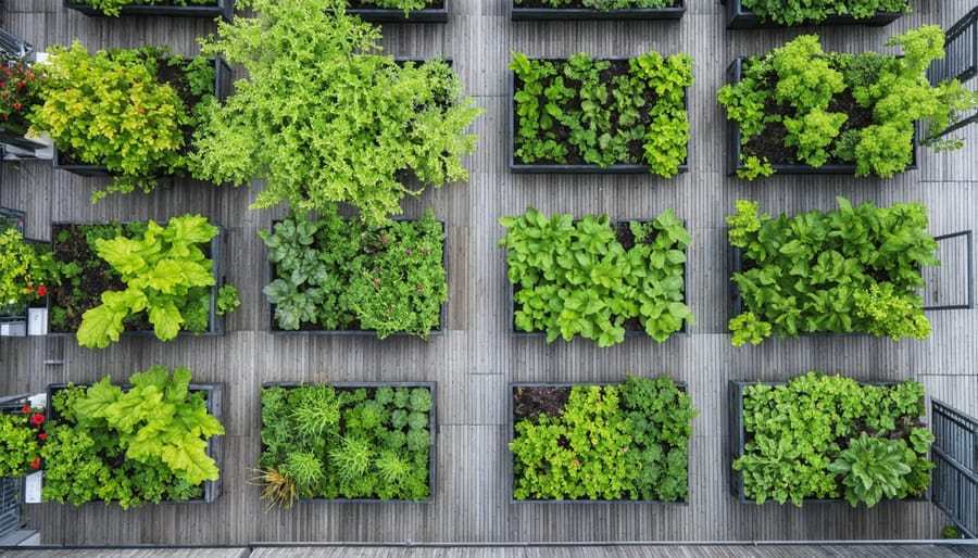 Bird's eye view of an urban rooftop garden with various container arrangements and walking paths
