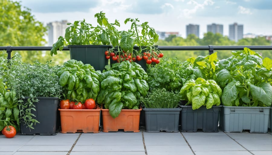 Healthy vegetables and herbs growing in containers on an urban rooftop garden
