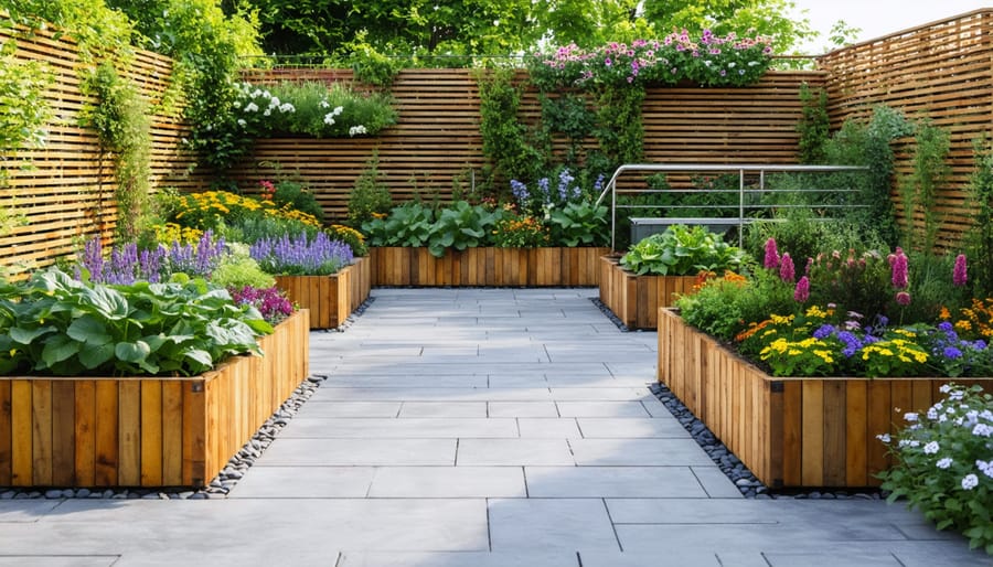 Accessible garden layout with multiple raised beds and safety features for all ages