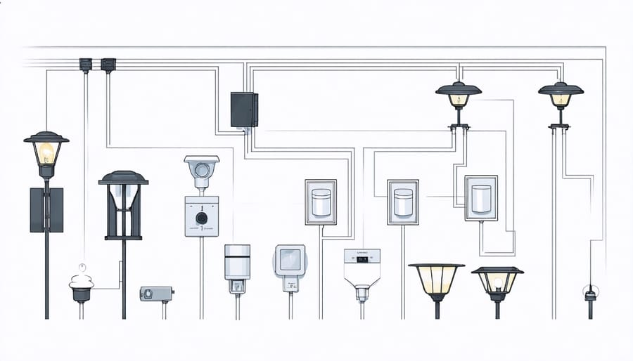 Technical diagram illustrating the core components and connections of a smart garden lighting system