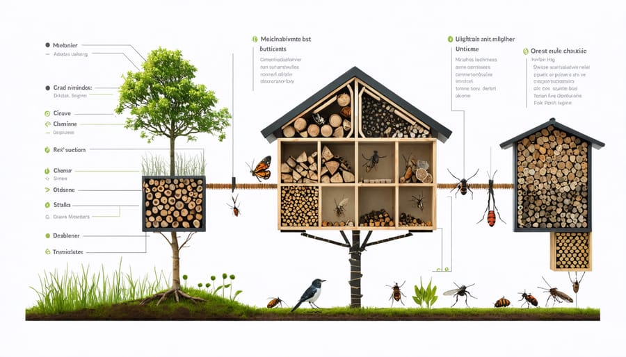 Detailed cross-section illustration of an insect hotel with various nesting materials