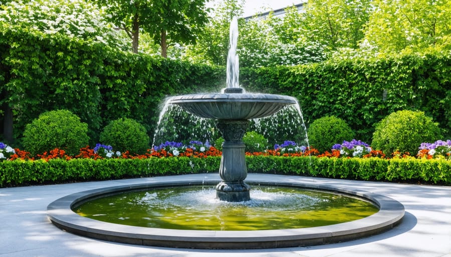 Garden focal point with stone fountain centered among graduated heights of flowering plants