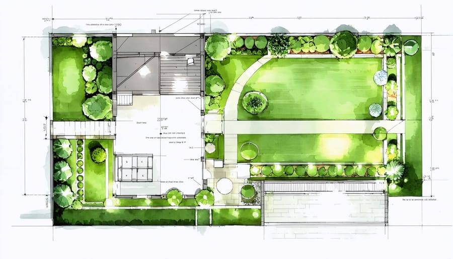 Overhead diagram of a garden lighting layout plan with measurements and fixture placements