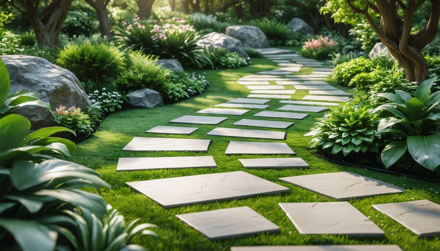 Well-designed garden pathway with mixed materials and appropriate spacing for maintenance access