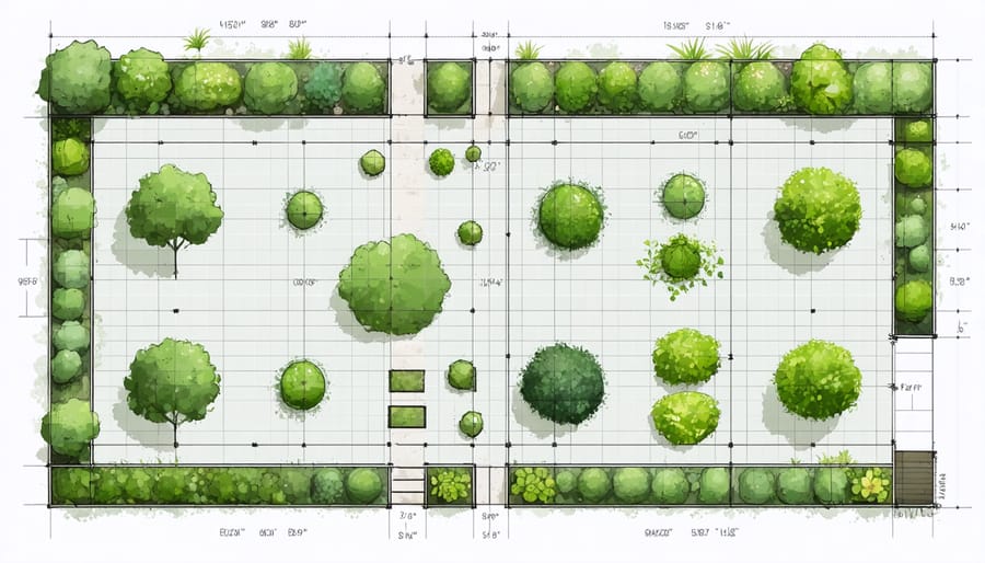Garden planning diagram with measurements, compass points, and sun tracking markers