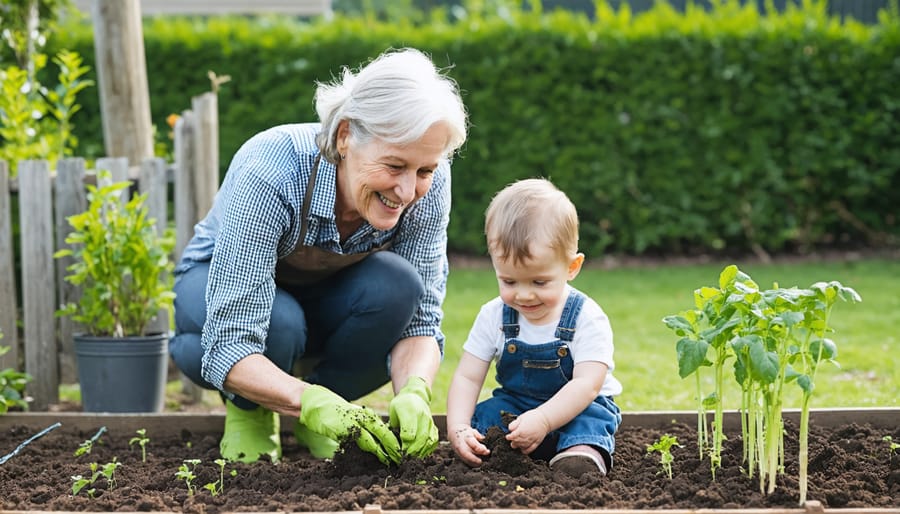 Elderly person showing a child proper planting techniques in a community garden