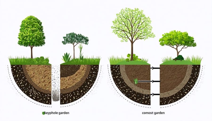 Detailed cross-sectional illustration of keyhole garden soil layers and structure