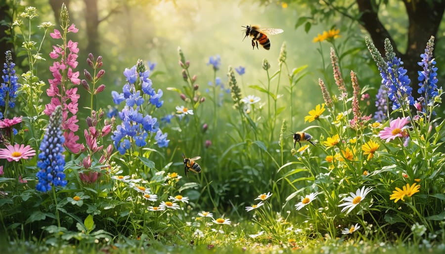 Diverse native garden layout with butterflies and bees visiting colorful wildflowers