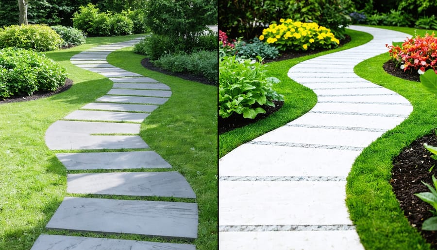 Side-by-side comparison of conventional concrete pathway and eco-friendly permeable paving