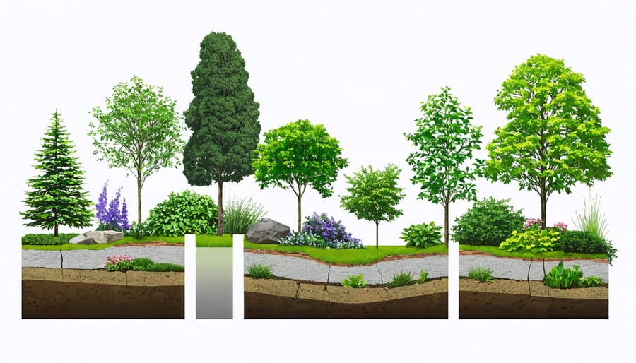 Illustrated cross-section of garden showing plant height layering from front to back