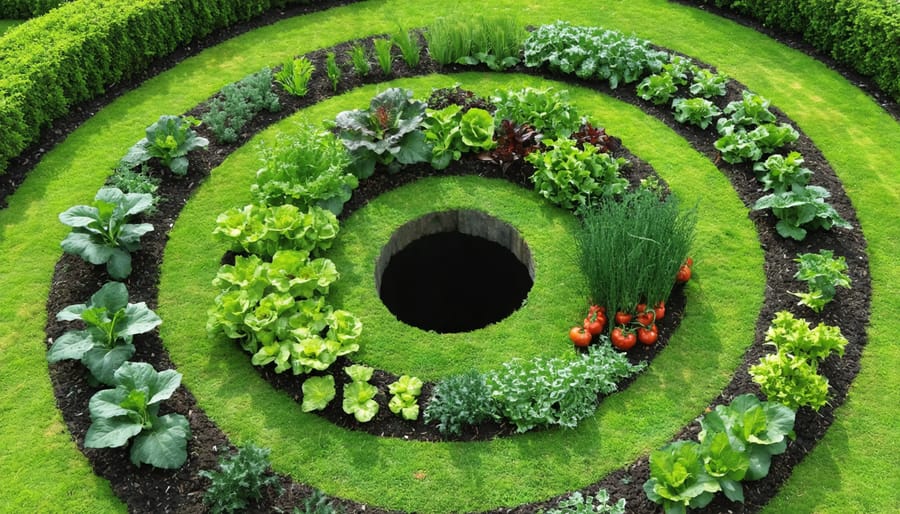 Mature keyhole garden with diverse plantings of vegetables and herbs
