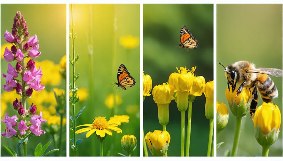 Native flowers including lavender and echinacea being visited by bees and butterflies