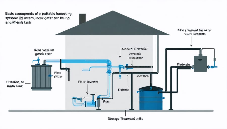 Technical diagram illustrating key components of a complete rainwater harvesting system for drinking water
