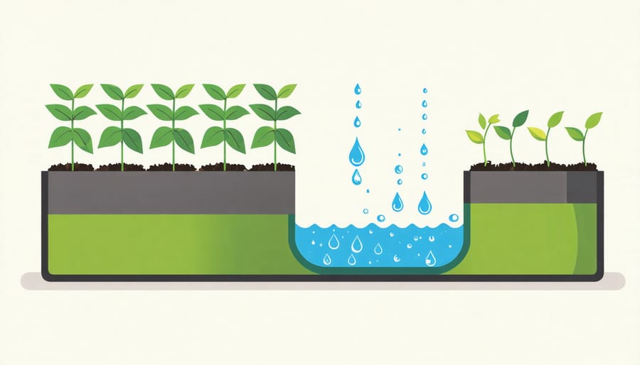Illustrated cross-section of self-watering planter showing internal components and water flow