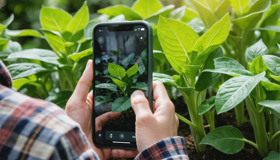 Plant Care Input via Cam SymbioGarden Builder: Smartphone camera scanning leafy plant for AI analysis