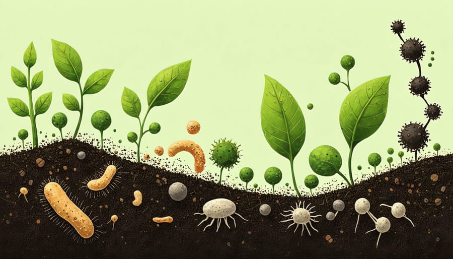 Magnified image of soil microbes decomposing biodegradable garden material