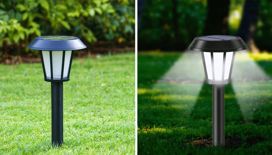 Side-by-side comparison of solar and wired garden lighting systems in action