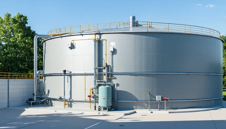 Large rainwater storage tank installation showing access hatches, overflow pipes, and ventilation