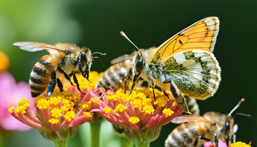 Pollinators visiting flowering plants in an urban garden setting