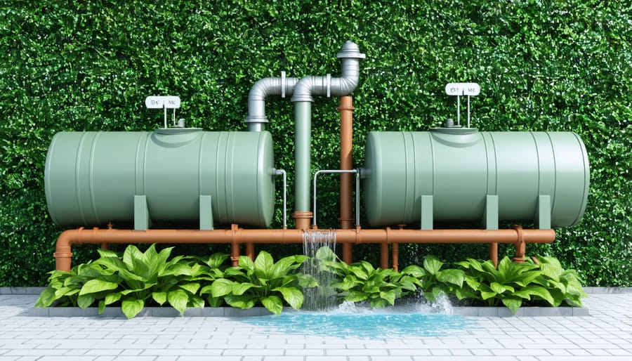 Urban rainwater collection system with storage barrels and irrigation setup