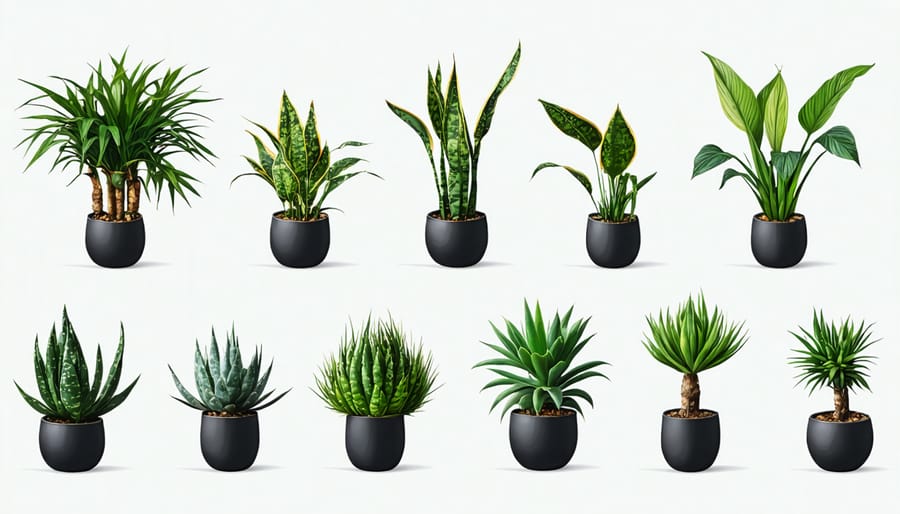 Grouped display of water-efficient indoor plants with varying water requirements