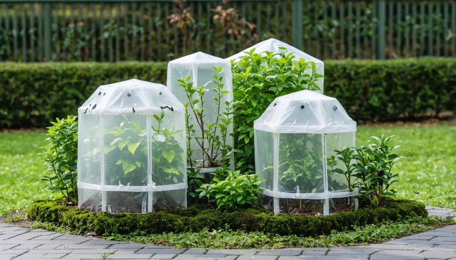 Various plant protection methods including row covers, cold frames, and temporary greenhouses in use