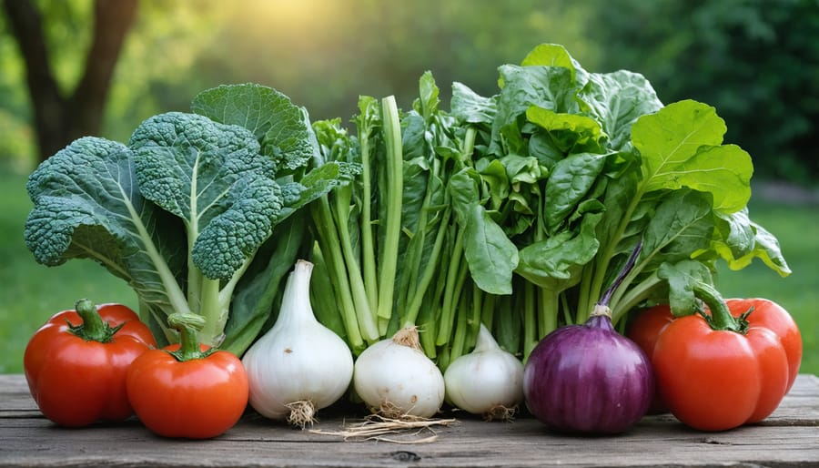 Various winter vegetables including kale, Brussels sprouts, and root vegetables growing in a California garden