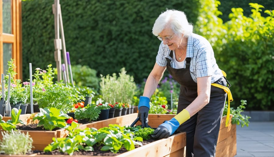 Elderly person comfortably gardening with specialized ergonomic tools in an elevated garden bed