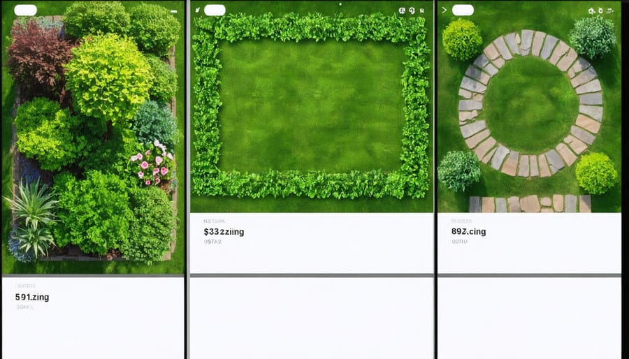 AR garden design app interface displaying plant spacing and layout tools