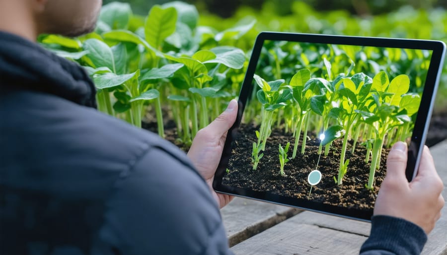 Gardener using tablet to view time-lapse AR projection of plant growth