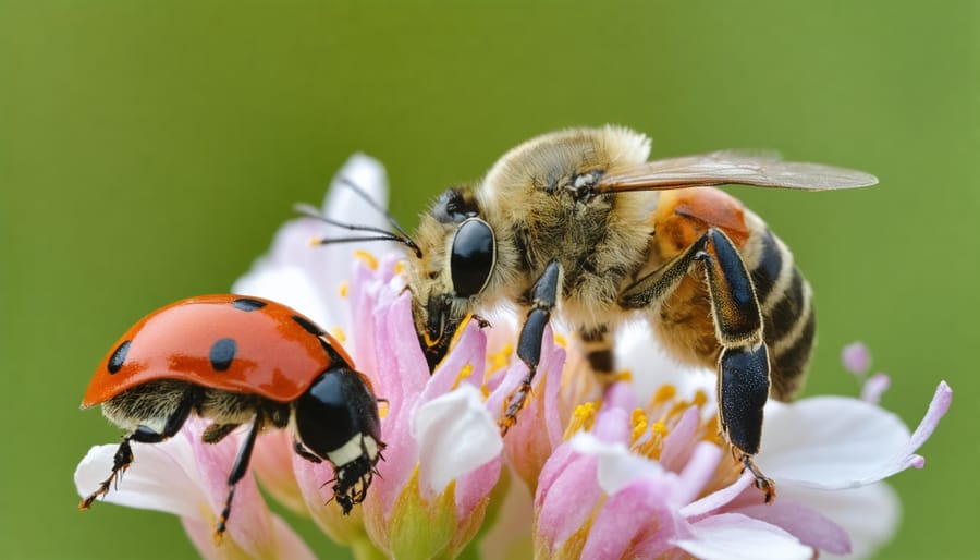 Various beneficial garden insects pollinating native flowers
