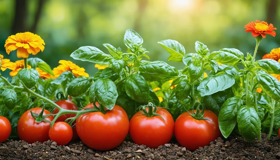 Healthy garden bed demonstrating companion planting with flowering marigolds protecting tomato and basil plants