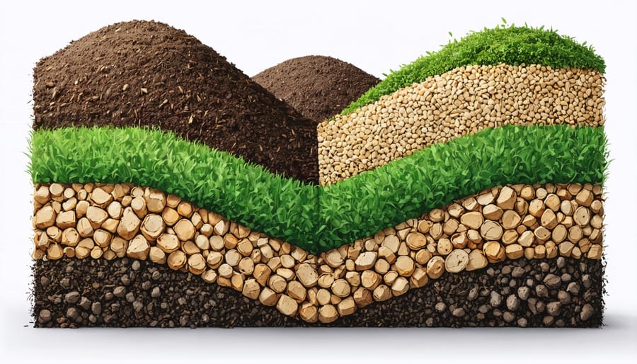 Illustrated cross-section showing proper layering of kitchen scraps, leaves, and garden waste in a compost pile