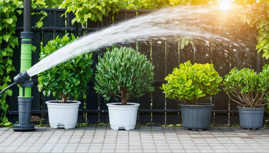 Container garden watering system showing drip irrigation setup and moisture meters in use