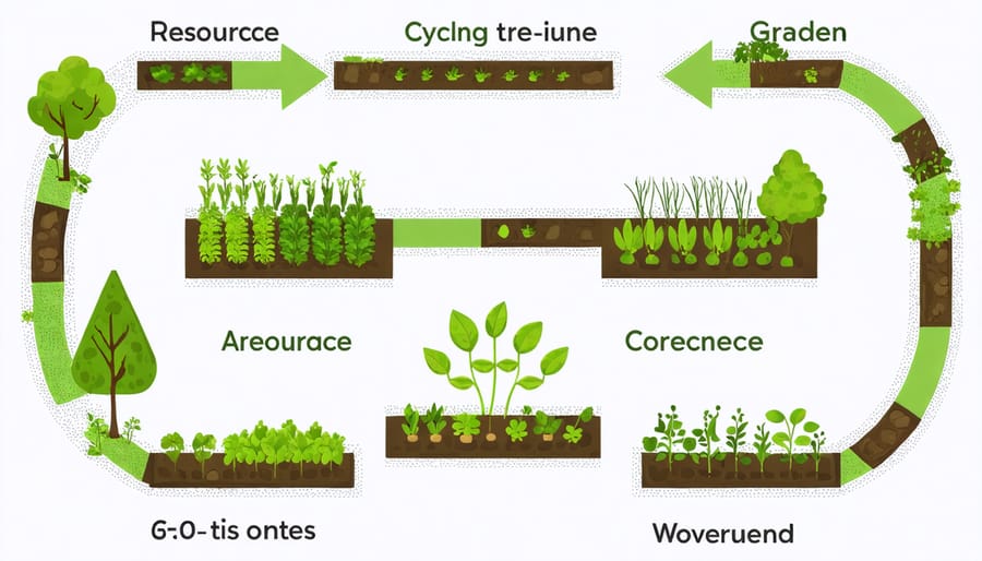 Infographic showing the circular flow of materials in a regenerative garden including composting, seed saving, and waste recycling