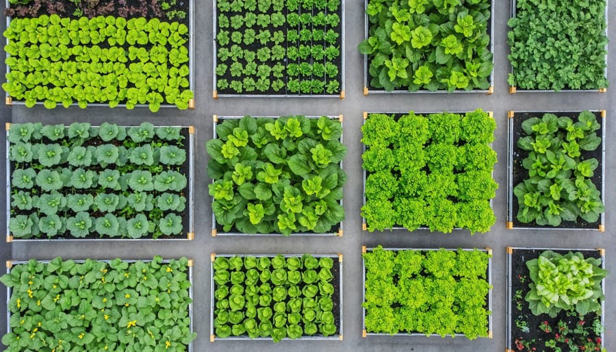 Aerial view of raised garden beds arranged in an efficient layout with walking paths