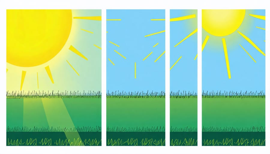 Diagram showing how sunlight moves across a garden space from morning to evening