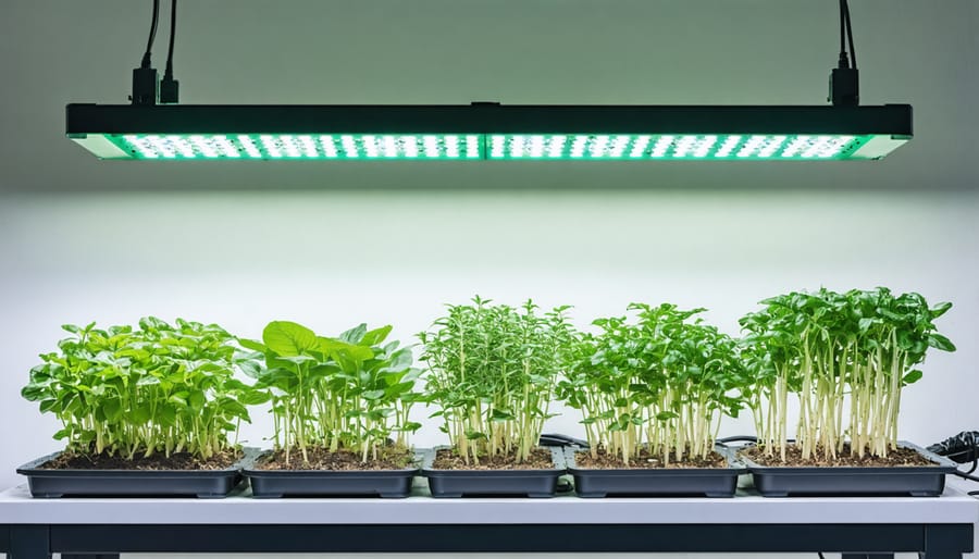 Comparison of different grow light types showing their effects on indoor plants