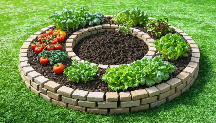 Traditional African keyhole garden design with central composting system and radiating plant beds