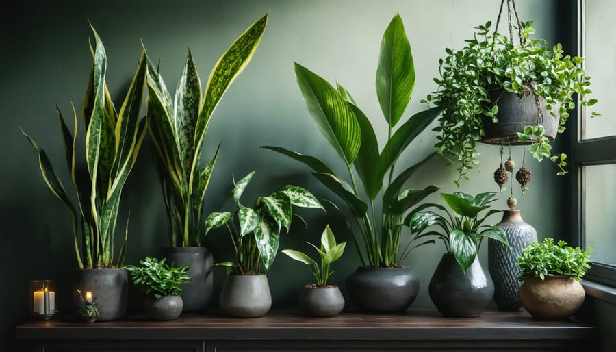 Various low-light houseplants thriving in a shaded indoor setting
