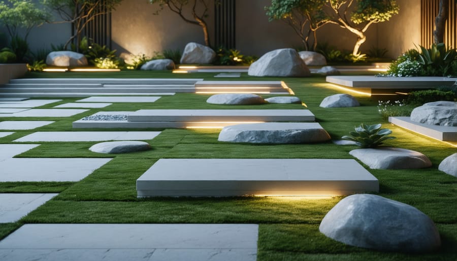 Contemporary garden design with precisely arranged rectangular stone blocks