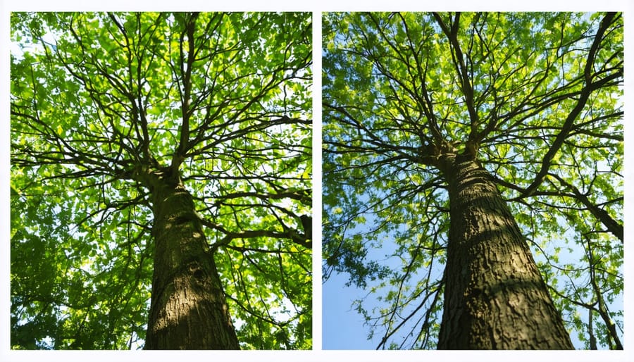 Side-by-side comparison showing healthy green tree foliage next to defoliated branches from gypsy moth infestation
