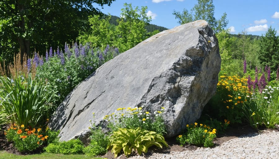 Natural rock garden featuring weathered boulders and flowering alpine plants