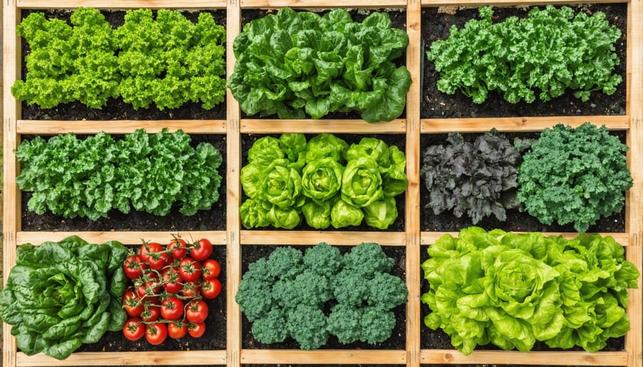 Square foot garden layout in a raised wooden bed with different vegetables in each grid section