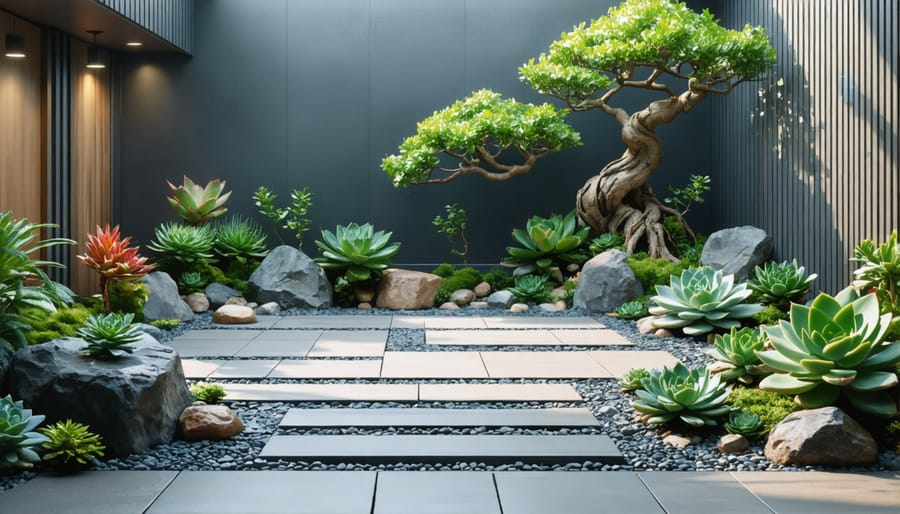 Compact rock garden design with drought-resistant plants in a small space