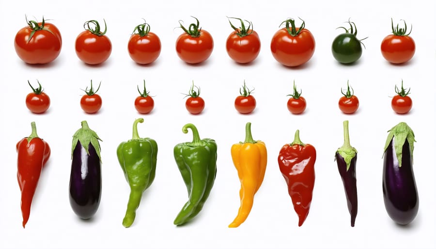 Healthy container vegetables growing in full sun on a patio, featuring ripe tomatoes, colorful peppers, and purple eggplants